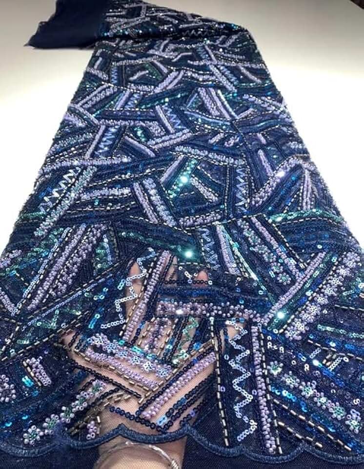 MARHAFABRIC 5 Yards African Tulle Fabric Lace Sequins Nigeria Mesh French Net Luxury Beads for Woman Party Dress Material Lace Fabric for Bridal Wedding Prom Evening Dress
