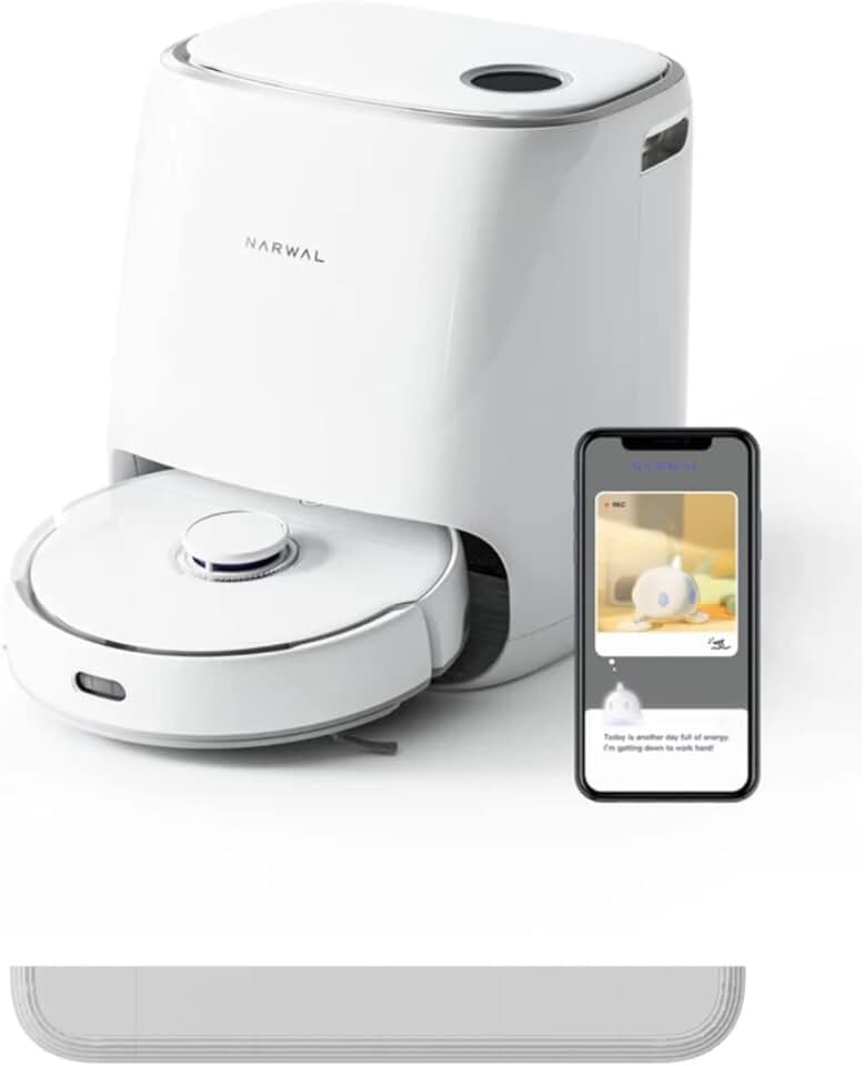 NARWAL Freo Robot Vacuum and Mop with Threshold Modules, Washing & Drying, Dirt Sense Ultra Clean, Auto Add Cleaner, LCD Display, Smart Swing, Arcuate-Route, WiFi, APP Control, White