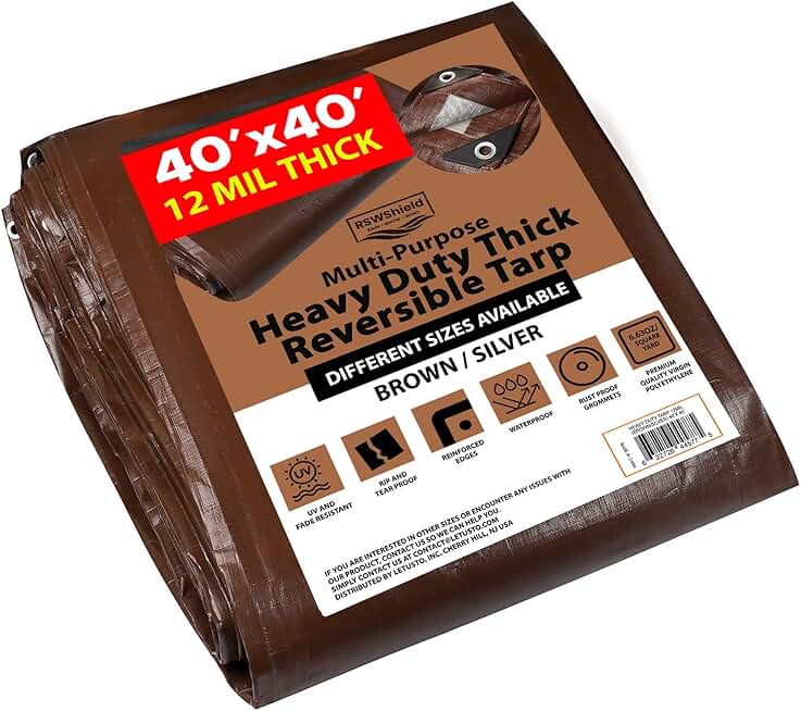 [40'X40'] RSW Heavy Duty Waterproof 12 Mil Safety Reversible Tarp Cover, UV Resistant, Rip and Tear Proof Tarpaulin with Reinforced Edges - for Roof, Camping, Patio, Pool Cover, Boat (Brown/Silver)