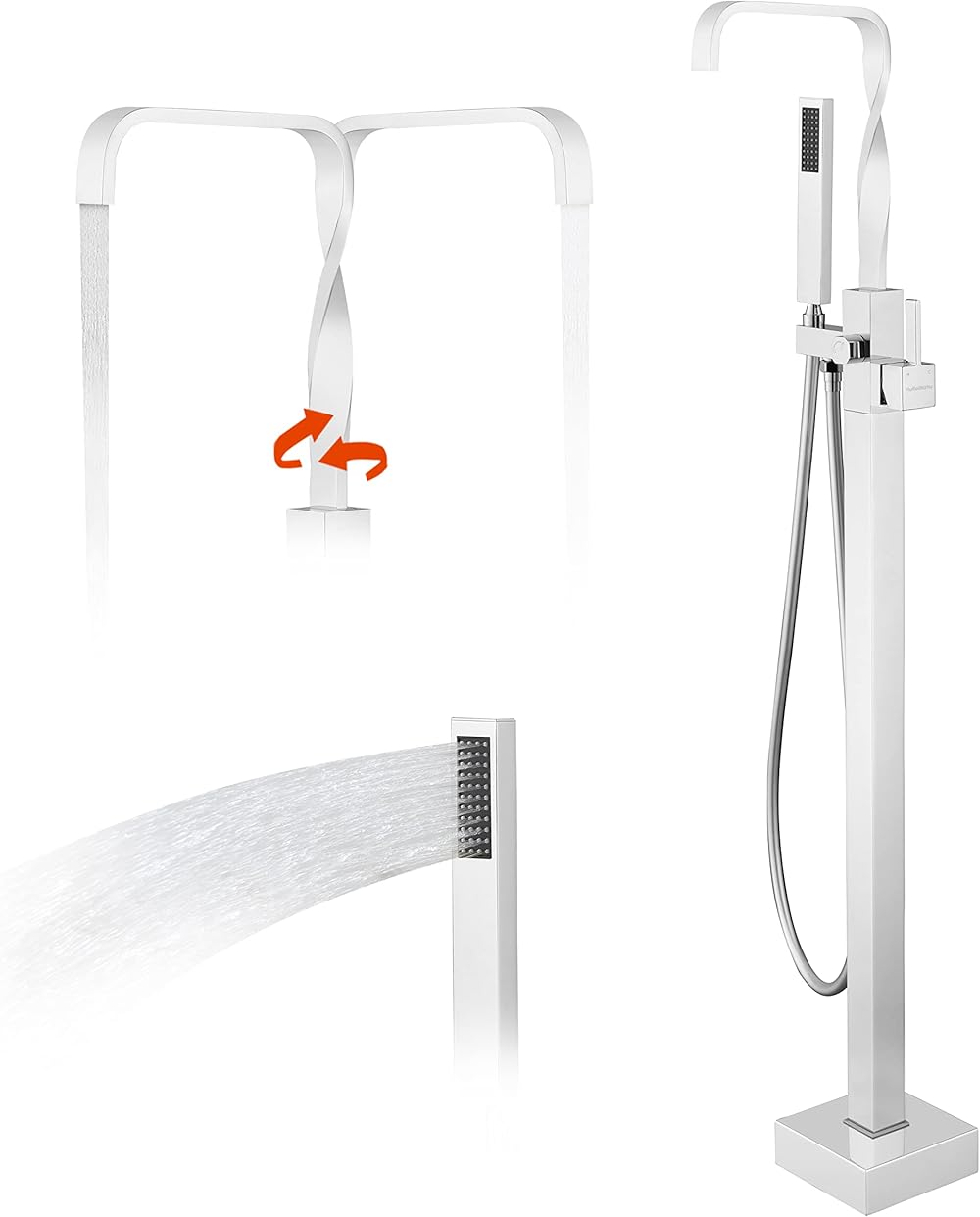 Freestanding Bathtub Faucet with Hand Shower, Chrome Tub Filler with Handheld Sprayer, Floor Mount Tub Faucet with Waterfall Spout, Bathroom Stand Alone Soaking Tub Faucet, Single Handle-Huifeidezhu