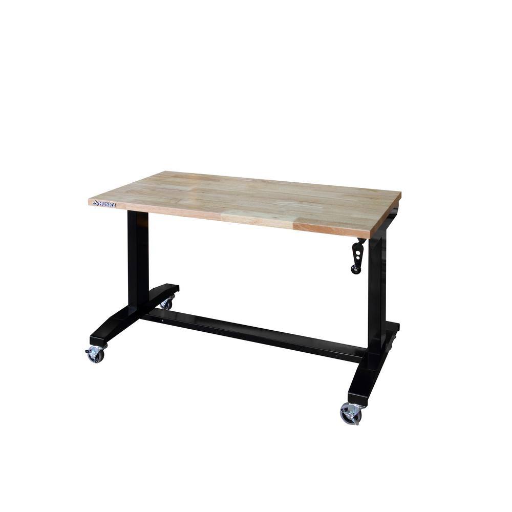 Husky HOLT46XDB12 46 in. W x 24 in. D Steel Adjustable Height Solid Wood Top Workbench Table in Black