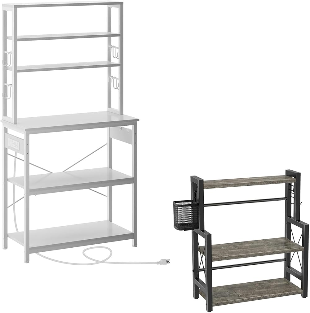 Baker's Rack with 4AC Power Outlet, Microwave Oven Stand with 10 Hooks, 6-Tier Kitchen Utility Storage Shelf Bundle Spice Rack Organizer with Wire Basket