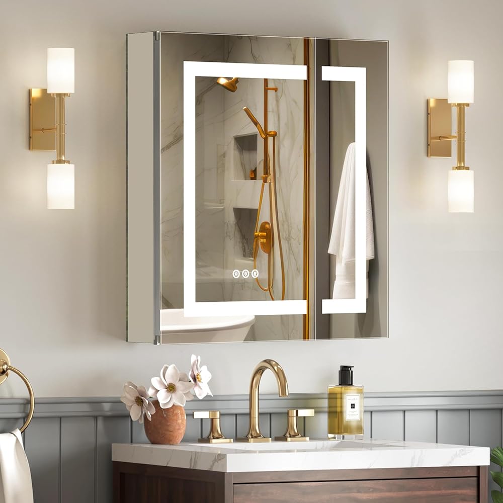 Medicine Cabinet Mirror 24x26 Inch, Bathroom Lighted Medicine Cabinet Wall Surface Mount or Recessed, 2 Doors/3 Colors/Dimmable/Anti-fog/Hardwired, 2 Adjustable Tempered Glass Shelves