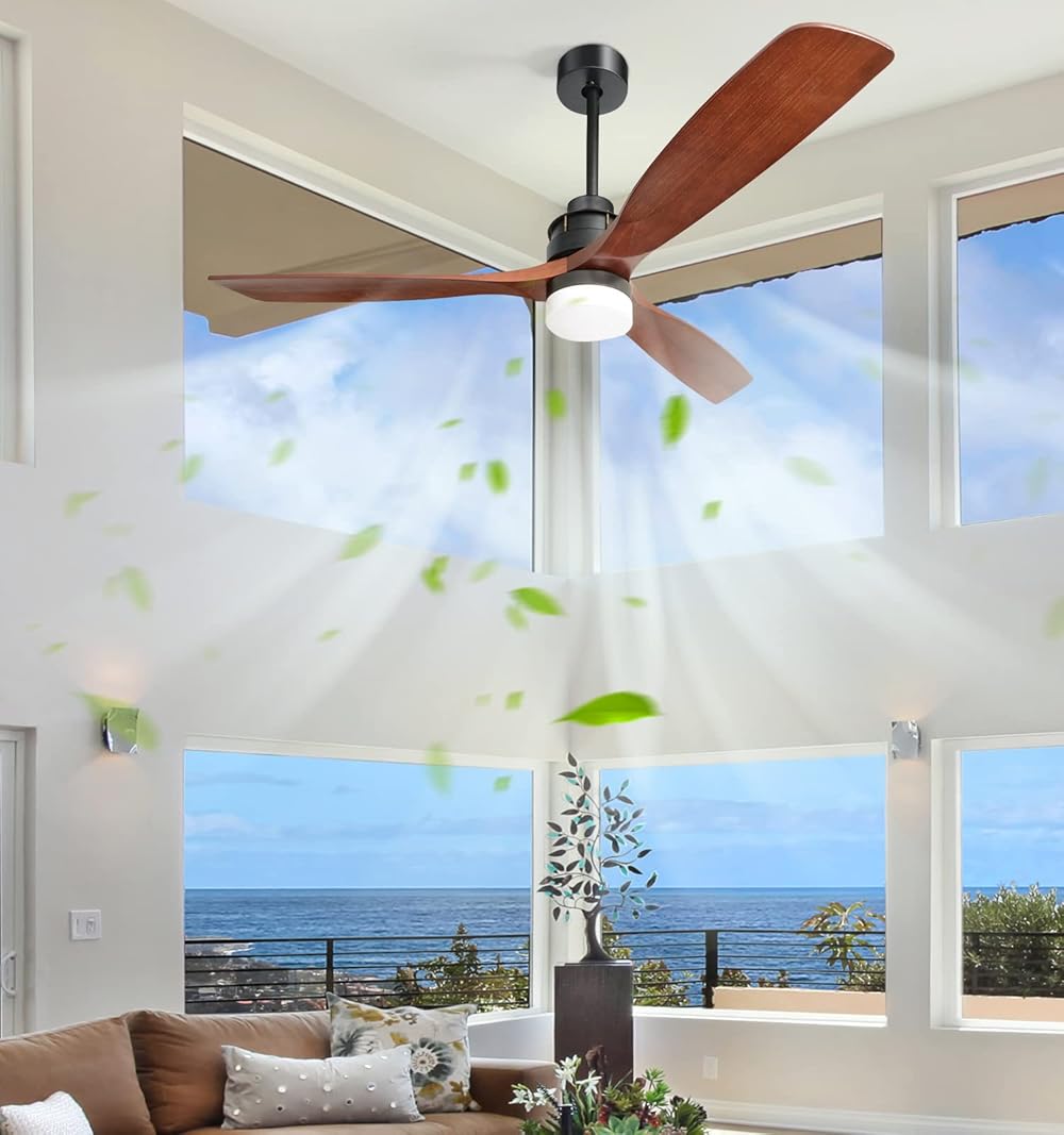 Sofucor 60 Inch Ceiling Fan with Lights Remote Control,Modern 3 Wood Blade Dimmable Ceiling Fans Silent DC Motor Reversible with 6 Speed Timer Indoor Outdoor Ceiling Fans for Bedroom Patios Farmhouse