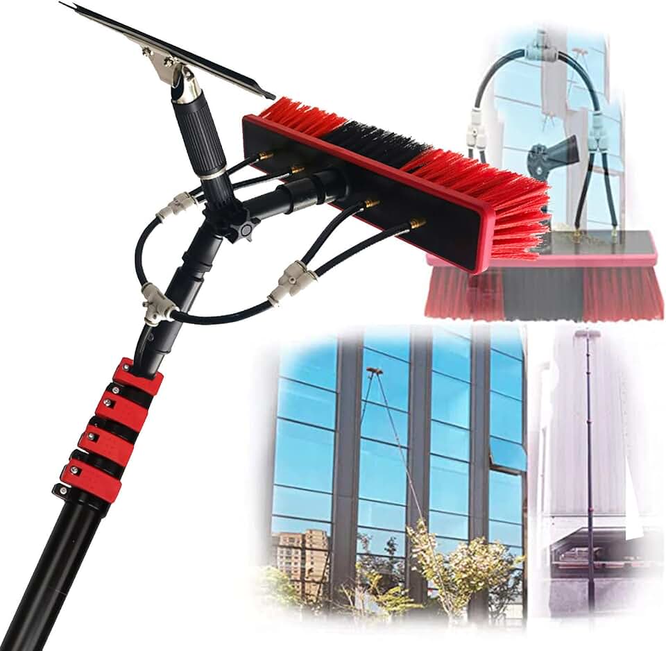 Cleaning Photovoltaic and Solar Panels, Window Cleaning Pole Extended Brush Kit, Water Fed Pole Kit with Hose Spray, with Scraper (30cm Brush Head),3.6M/12FT