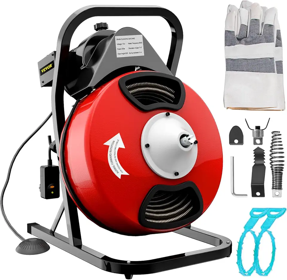 50FTx1/2Inch Drain Cleaner Machine, Sewer Snake Electric Drain Auger Cleaner with 4 Cutter & Foot Switch for 2