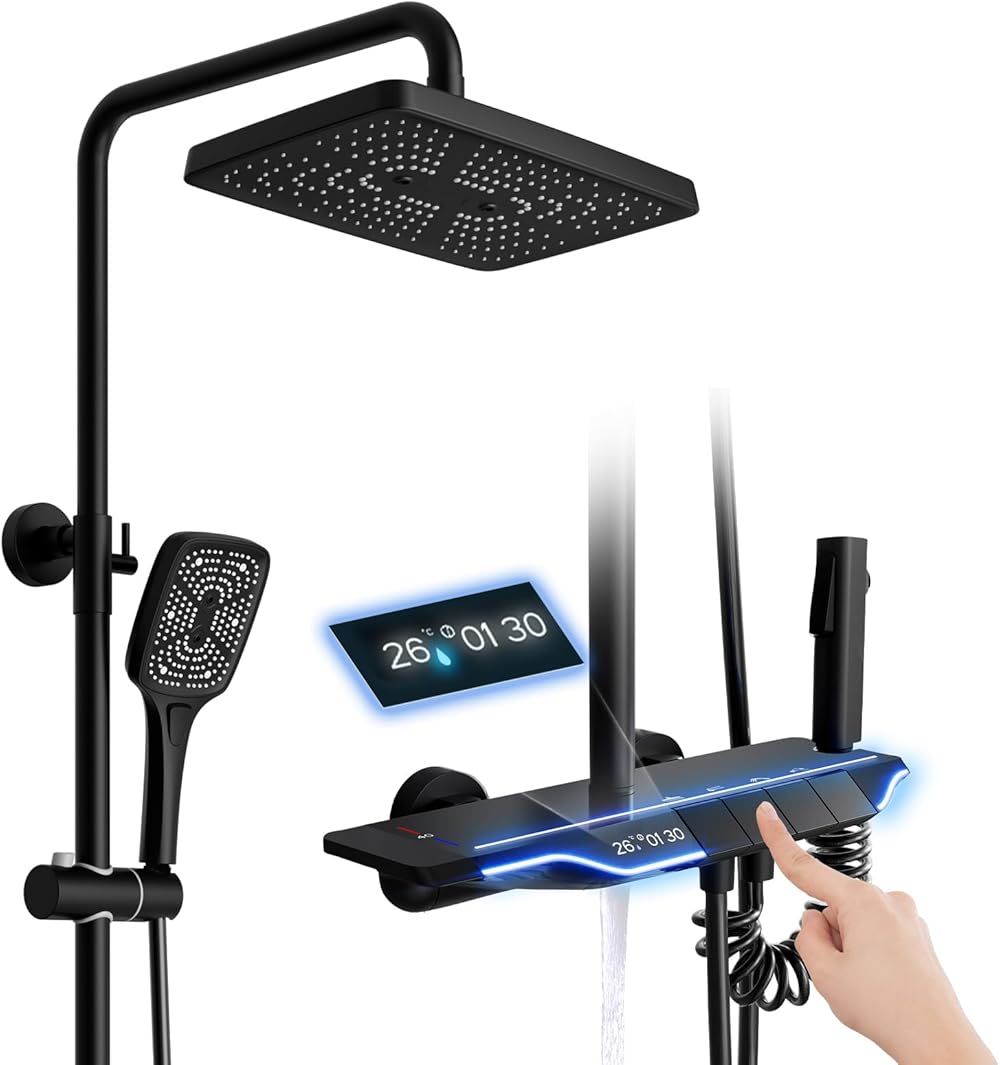 Shower System Thermostatic Matte Black Shower Faucet Set with Piano Key Digital Display Ambient Lights 12