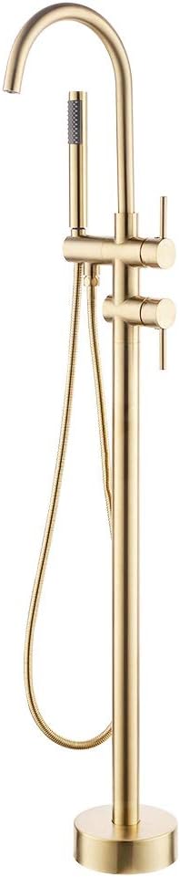 AYIVG Bathroom Brass Floor Mount Free Standing Bathtub Faucet Shower System Set (Brushed Gold)