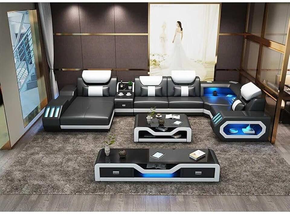 Luxury Italian Leather U-Shaped Sofa with Bluetooth Speaker, USB, LED Light + Matching Coffee Table and TV Stand Black/White