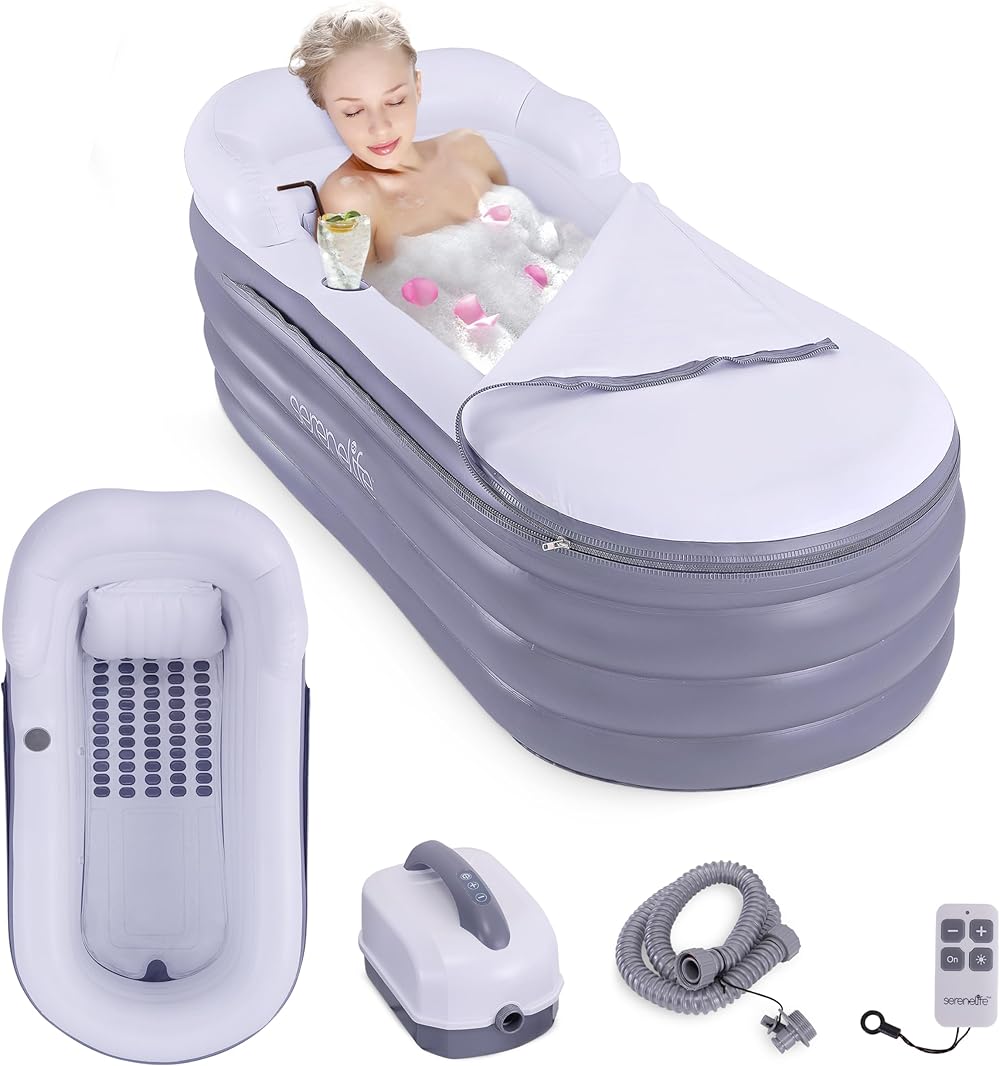 SereneLife Inflatable Bathtub with Bubble Massage Mat, Comes with a Matching Inflatable Pillow, Cup Holder & Remote Control for LED Lighting and Bubble Mat, Featured with Backrest and Armrests Support
