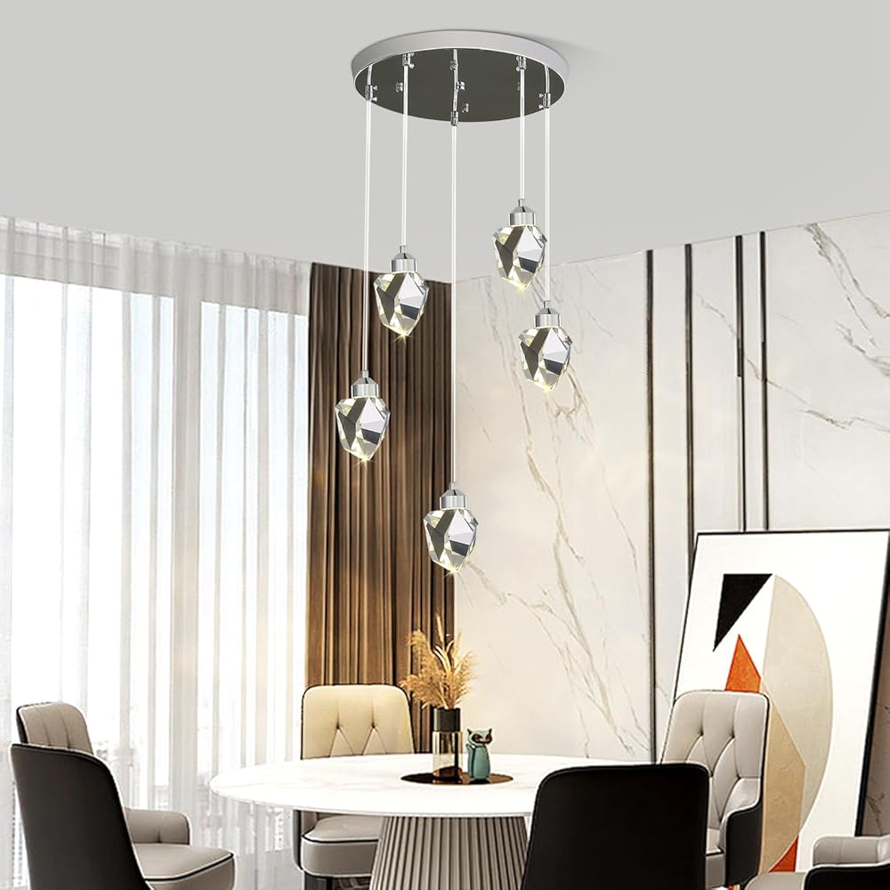 Modern Crystal Pendant Light, 3-Color LED Silver Ceiling Hanging Lamp, for Kitchen Island Bedroom Living Room Dining Room Lighting (5-Head Round Base)