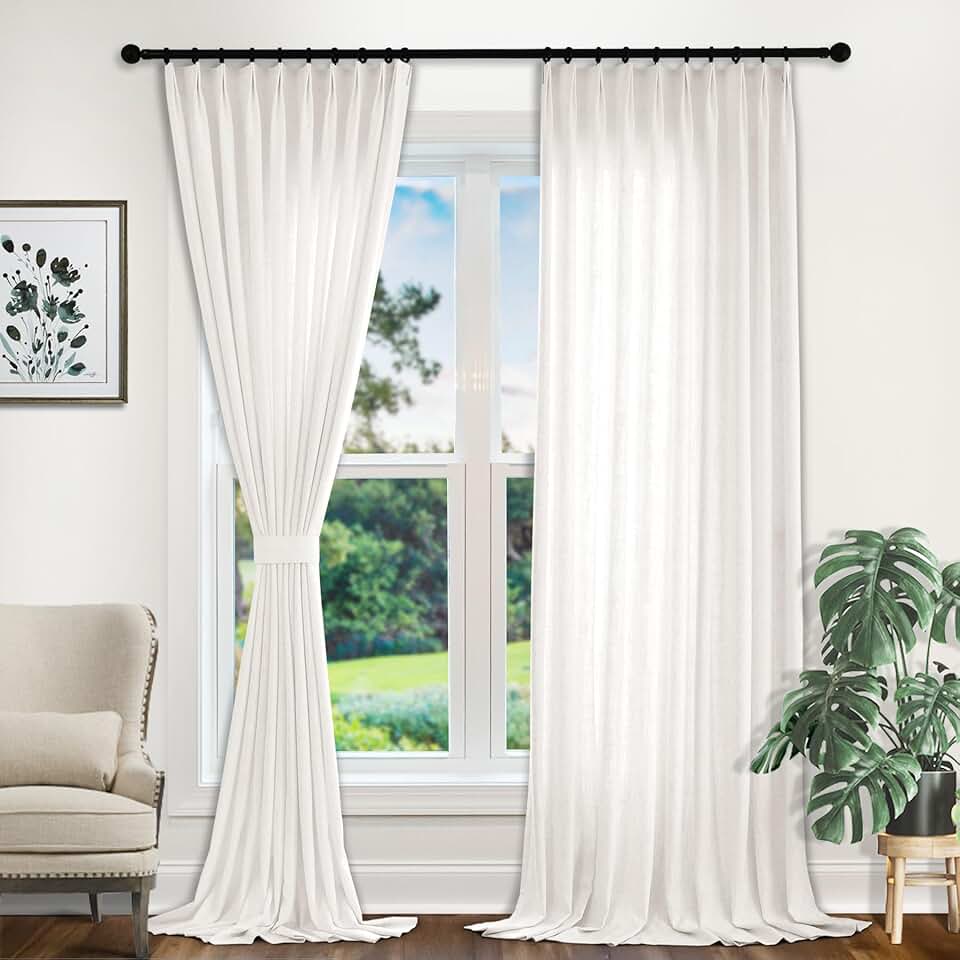 Macochico Extra Wide 120W x 96L Tailor Pleated Linen Curtain for Living Room Bedroom Sliding Door Room Darkening Window Treatments Drapes, Beige White, 1 Panel