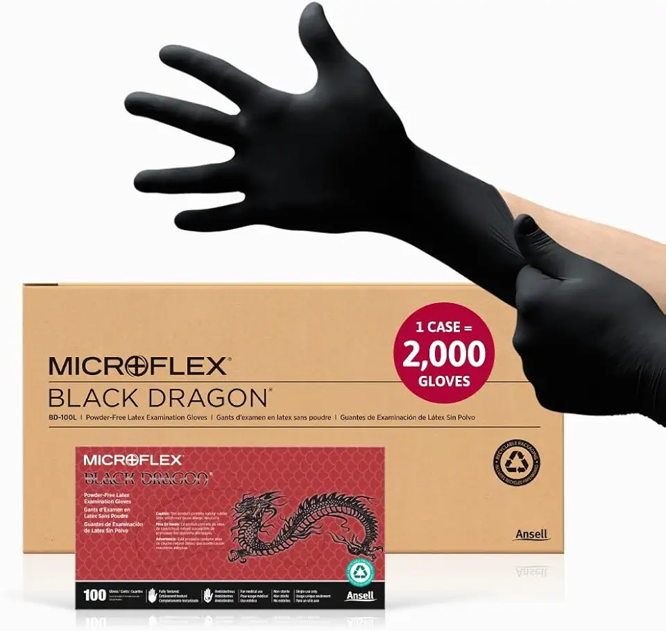 Microflex Black Dragon BD-100L 6mil Disposable Latex Gloves w/Full Texture for Food Processing, Automotive - X-Small, Black (Case of 2000)
