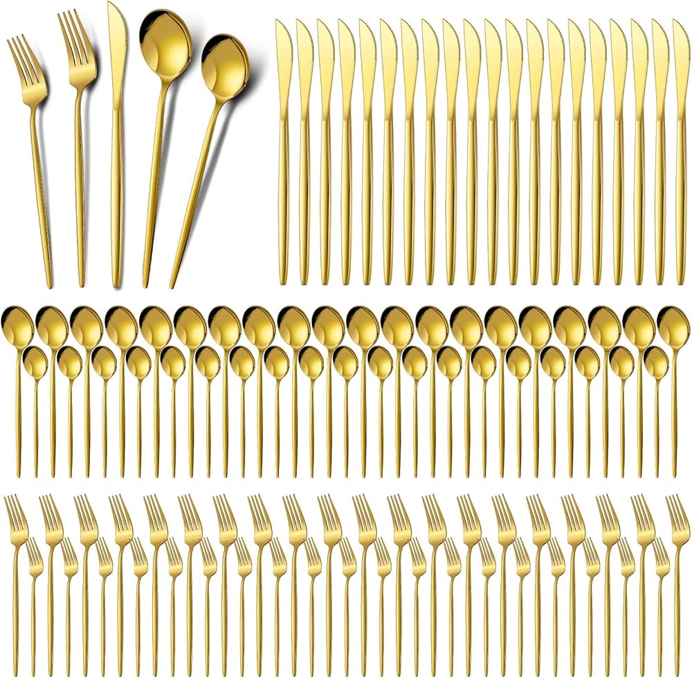 Amyhill 400 Pcs Gold Silverware Set Stainless Steel Flatware Set Portable Gold Utensils Set Reusable Tableware Cutlery Set for Home Restaurant Apartment and Kitchen Service 80