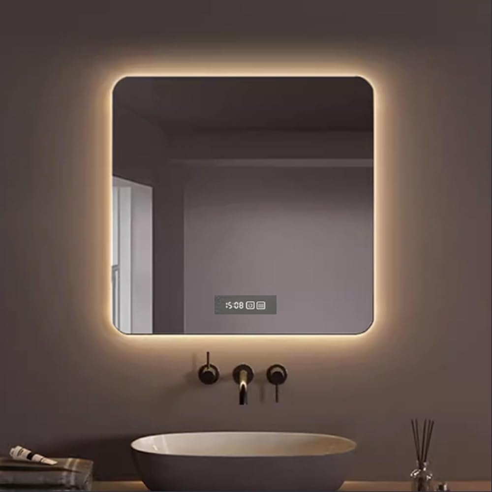 Smart Square wall mounted bathroom vanity mirror,Modern bathroom backlit mirrors with defogger,Tri-Colour Dimmable led wall mirror,With time and temperature,Anti-shatter,Frameless(90*90cm/35.4*35.4in)