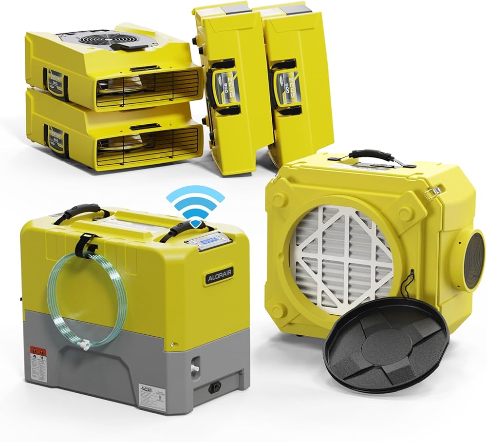 ALORAIR 1 x WiFi Commercial Dehumidifier, 4 x Air Movers and 1 x Air Scrubber Combo Package Deals, Water Damage Restoration Equipment, Yellow