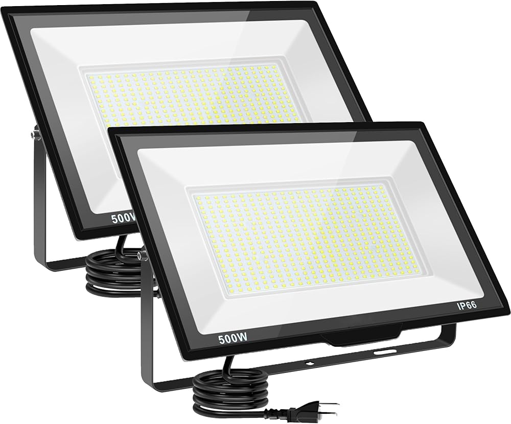 500W Warm White LED Flood Lights Outdoor 2 Pack, 55000LM Super Bright Security Lights with Plug, Commercial Arena Lighting for Yard Court Stadium Fields