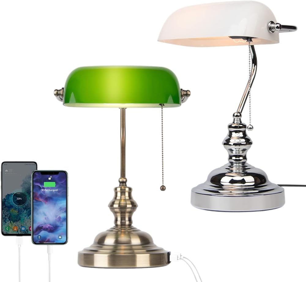 FIRVRE Green Glass Bankers Lamp with 2 USB Port，Pull Chain Switch Desk Lamp with Brass BaseBundle with White Glass Bankers Desk Lamp,Library Lamp with Pull Chain