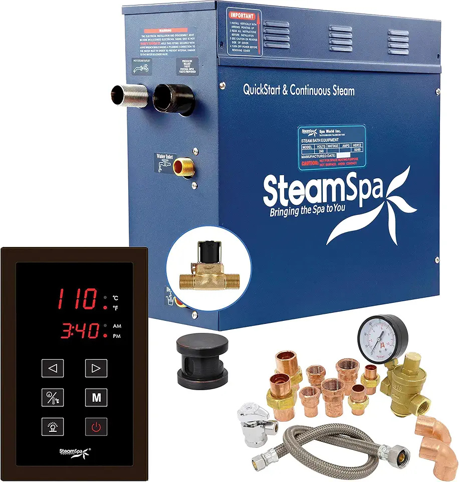 SteamSpa 9kW Steam Sauna Generator Premium Bundle 240V Steam Generator with Touch Pad Control, Steamheads, Pressure Relief Valve, Built-in Auto Drain and Plumber Quick Install Kit PRT900OB-A