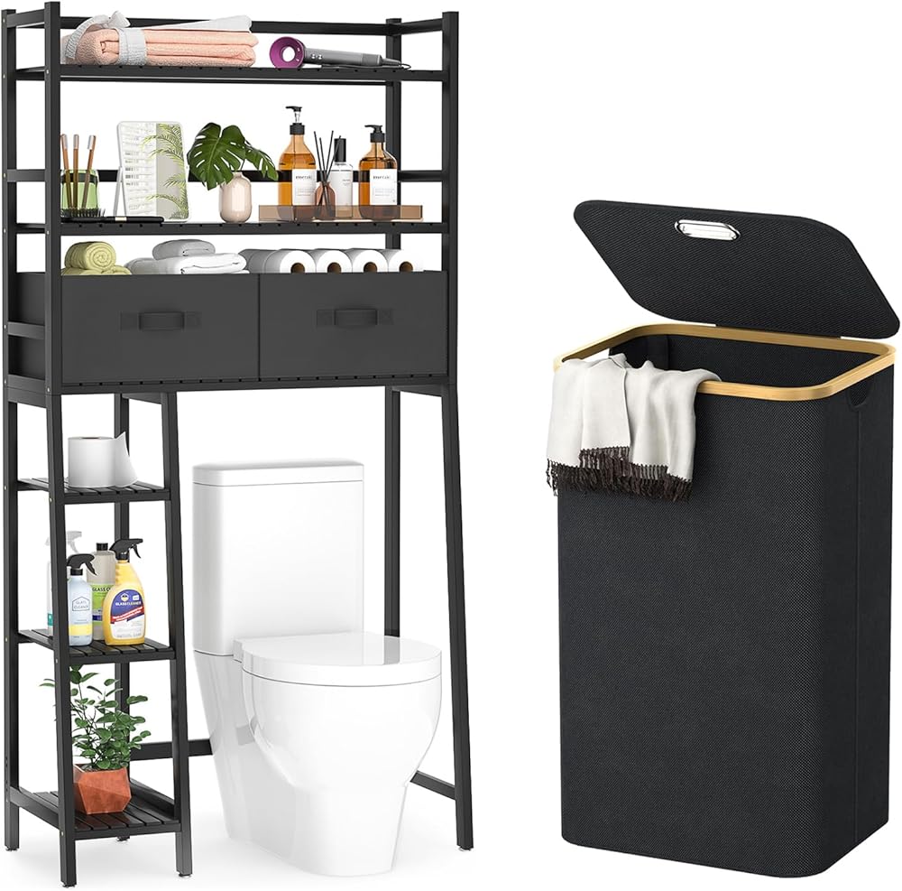 Homykic Bamboo Over The Toilet Storage with Drawers and Clothes Laundry Hamper Bundle, Black