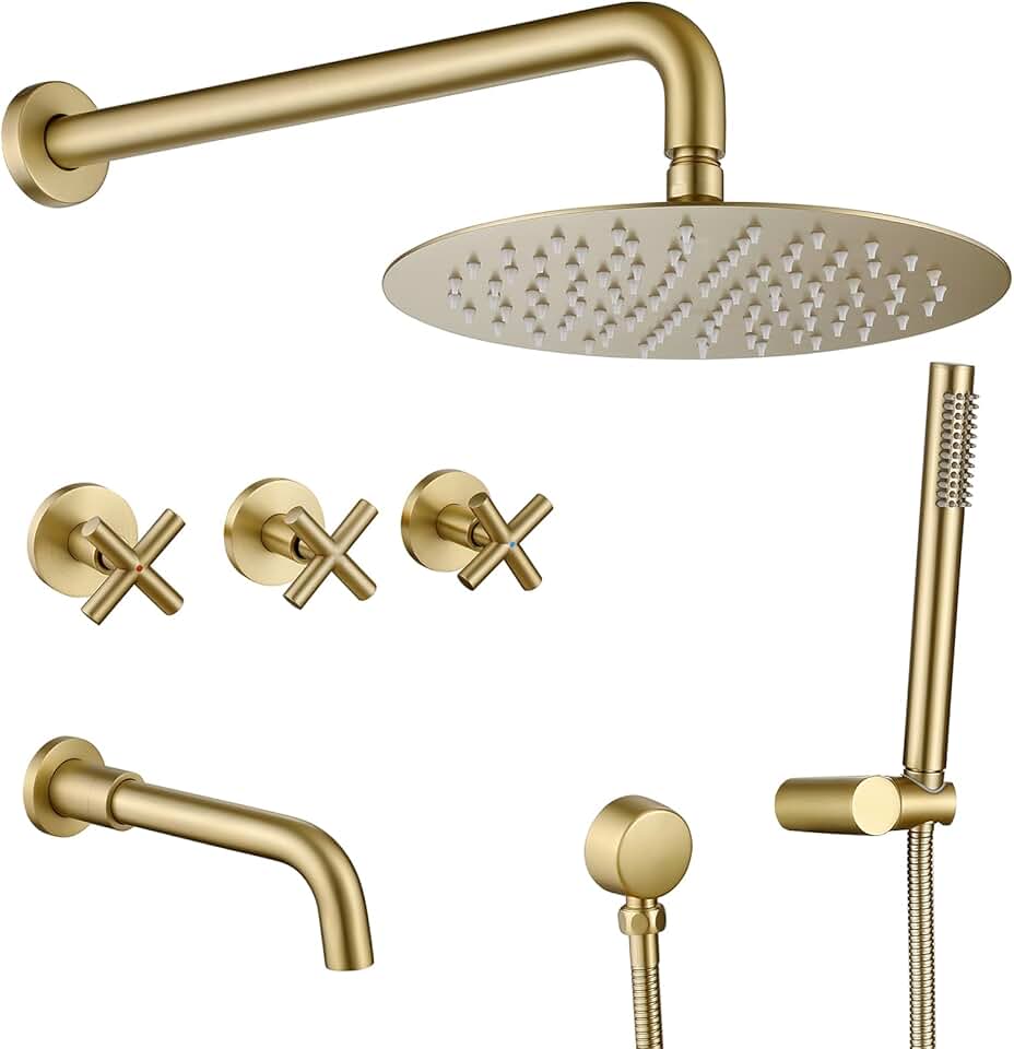 RBROHANT Brushed Gold Shower System with Tub Spout, Brass Bathtub Shower Faucet Set with 3 Way Rough-in Valve,10 Inch Round Shower Head Set with Tub Spout and Handheld, JK0299