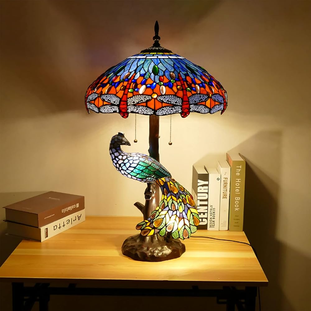 Peacock Tiffany Style Stained Glass Table Lamp, Vintage Handmade Blue Dragonfly Decorative Desk Lamp Pull Cord Switch Reading Lamp for Living Room Bedroom Wedding Room Villa,Blue Dragonfly