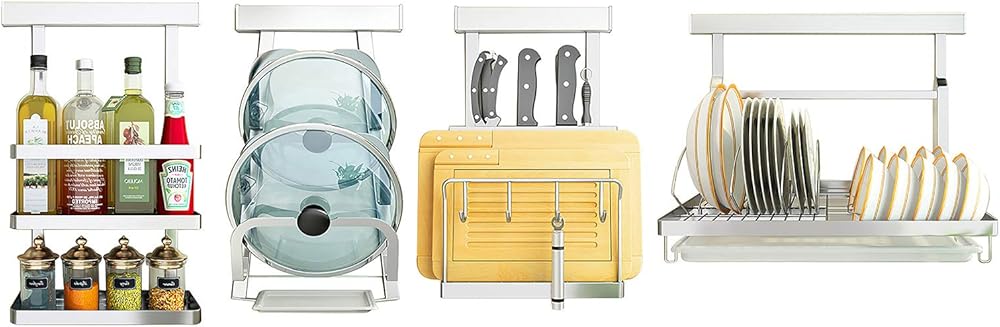Dish Drying Rack Stainless Steel Kitchen Utensil Holder Set,Spice Racks,Pot Lid Rack,Knife Holder Cutting Board Rack with 4 Hooks,Dish Drying Rack,Wall-Mounted Kitchen Organizer