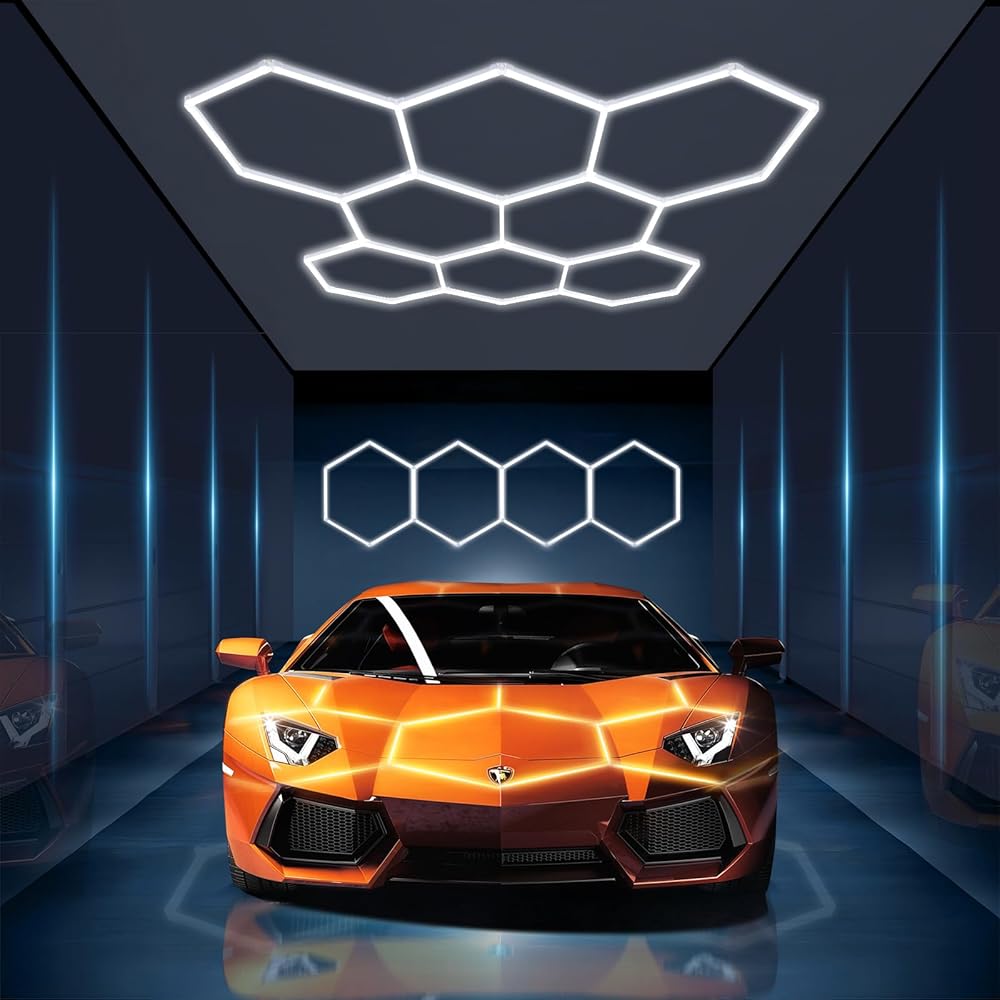 2 Sets of Hexagon LED Lights, 8 Grids + 4 Grids Systems Super Bright Car Detailing Lighting Honeycomb LED Light for Garage Auto Beauty Shop Warehouse Exhibition Hall Gym Gaming Room Basement Studio