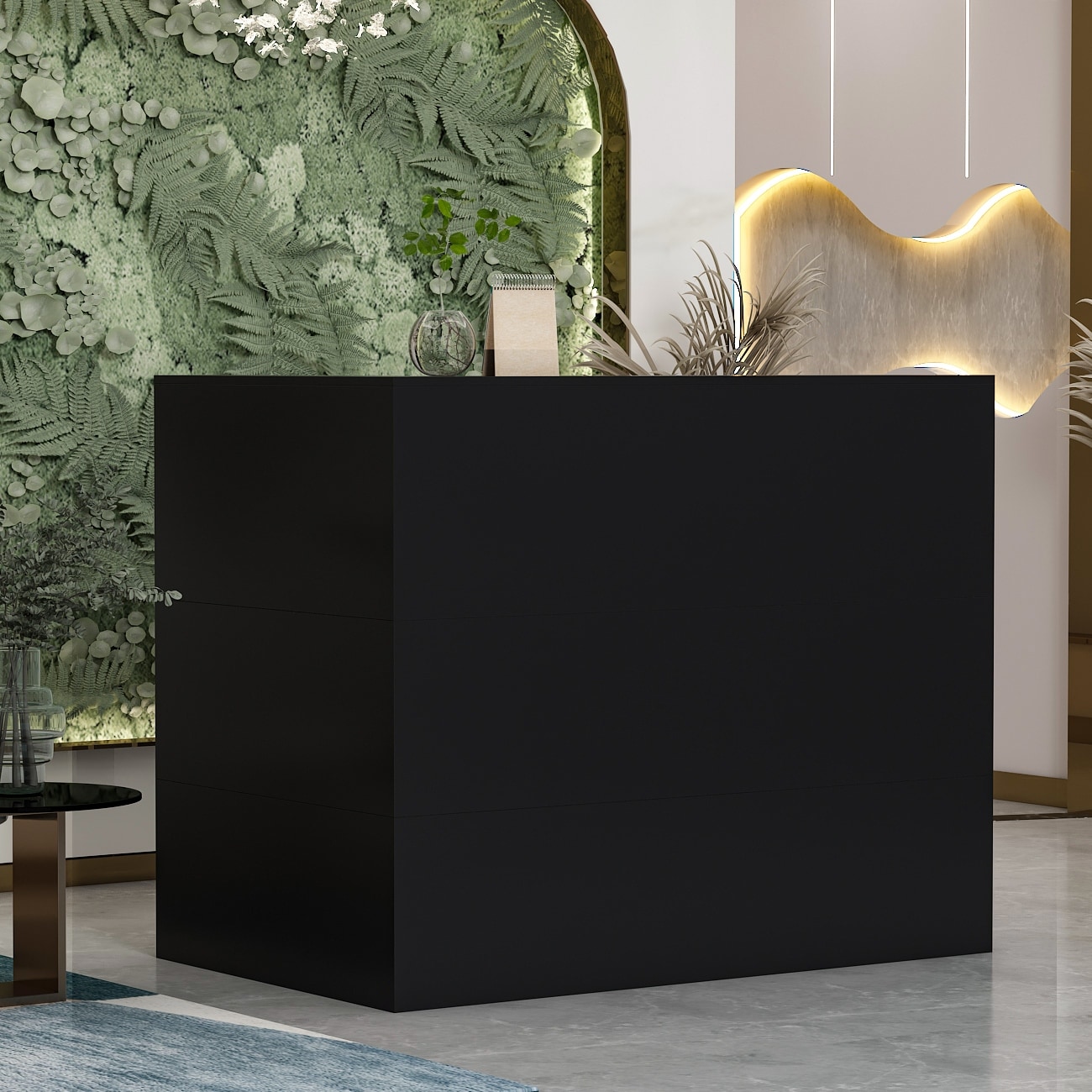 Timechee Reception Desk L-Shaped Counter with Shelves Drawers, Black