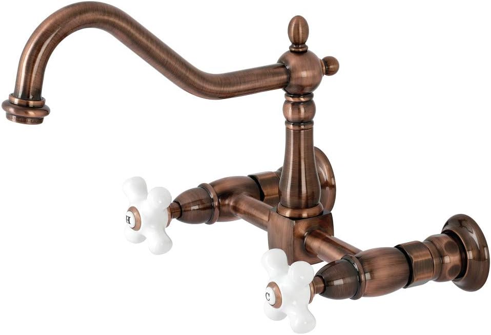 Kingston Brass KS124PXAC Heritage Two-Handle Wall Mount Bridge Kitchen Faucet, Antique Copper