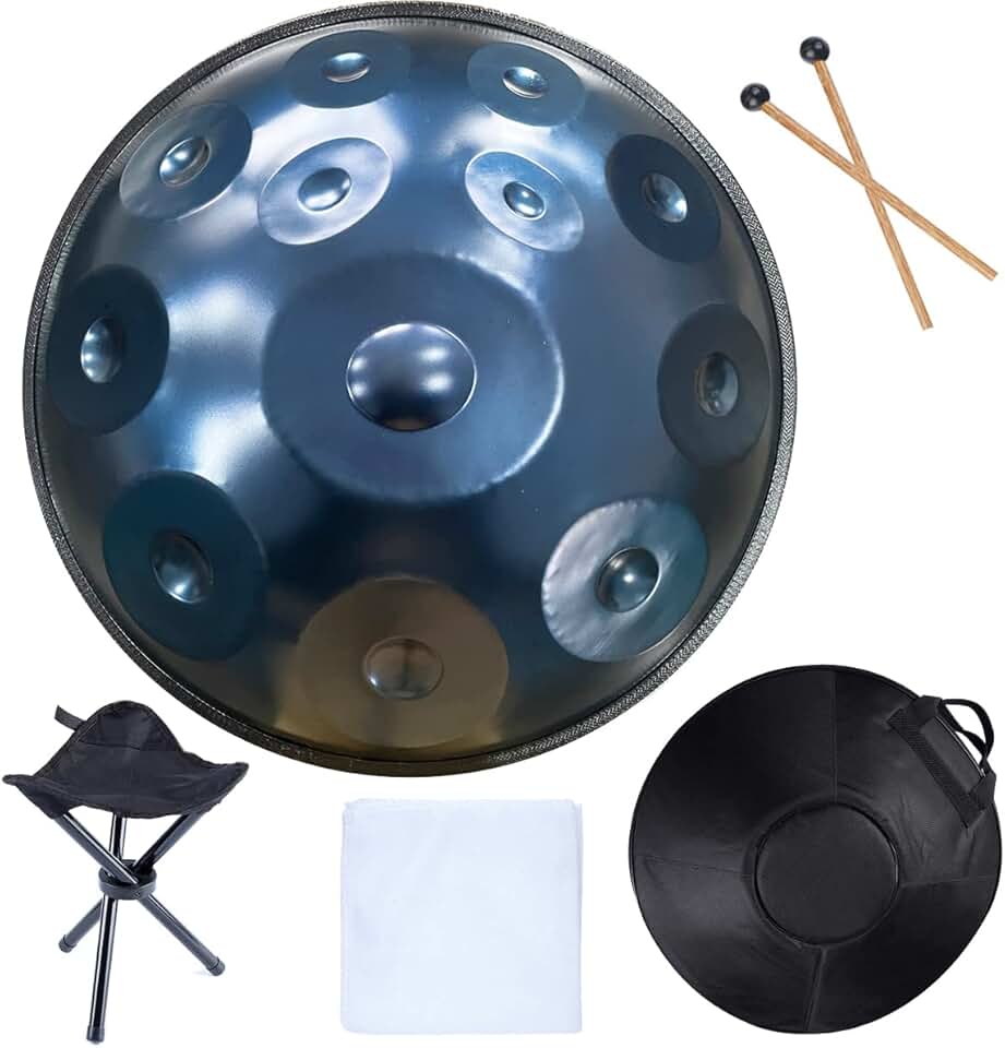 Handpan Drums Sets D Minor 22 inches Steel Hand Drum with Soft Hand Pan Bag, 2 handpan mallet,Handpan Stand (12 Notes, Blue)