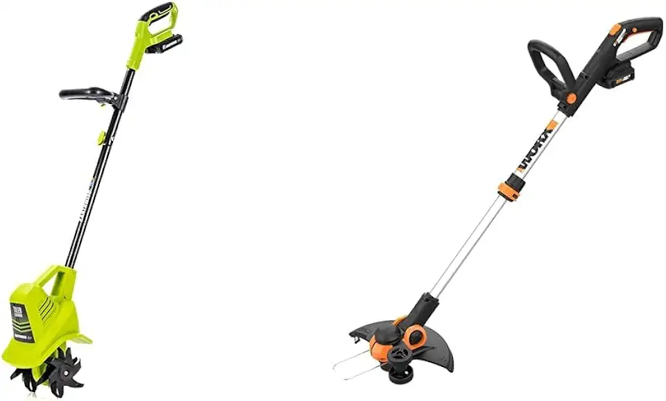 Earthwise Power Tools by ALM TC70020IT 20-Volt 7.5-Inch Cordless Electric Garden Tiller Cultivator & Worx String Trimmer Cordless GT3.0 20V PowerShare 12
