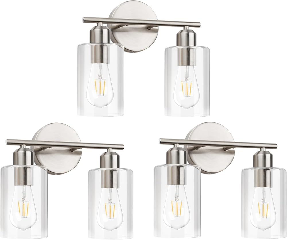 3 Pack Bathroom Light Fixtures, 2-Light Brushed Nickel Vanity Lights for Bathroom, Modern Bathroom Lighting Fixtures Over Mirror with Clear Glass Shade, Wall Sconce Lighting for Bedroom Living Room