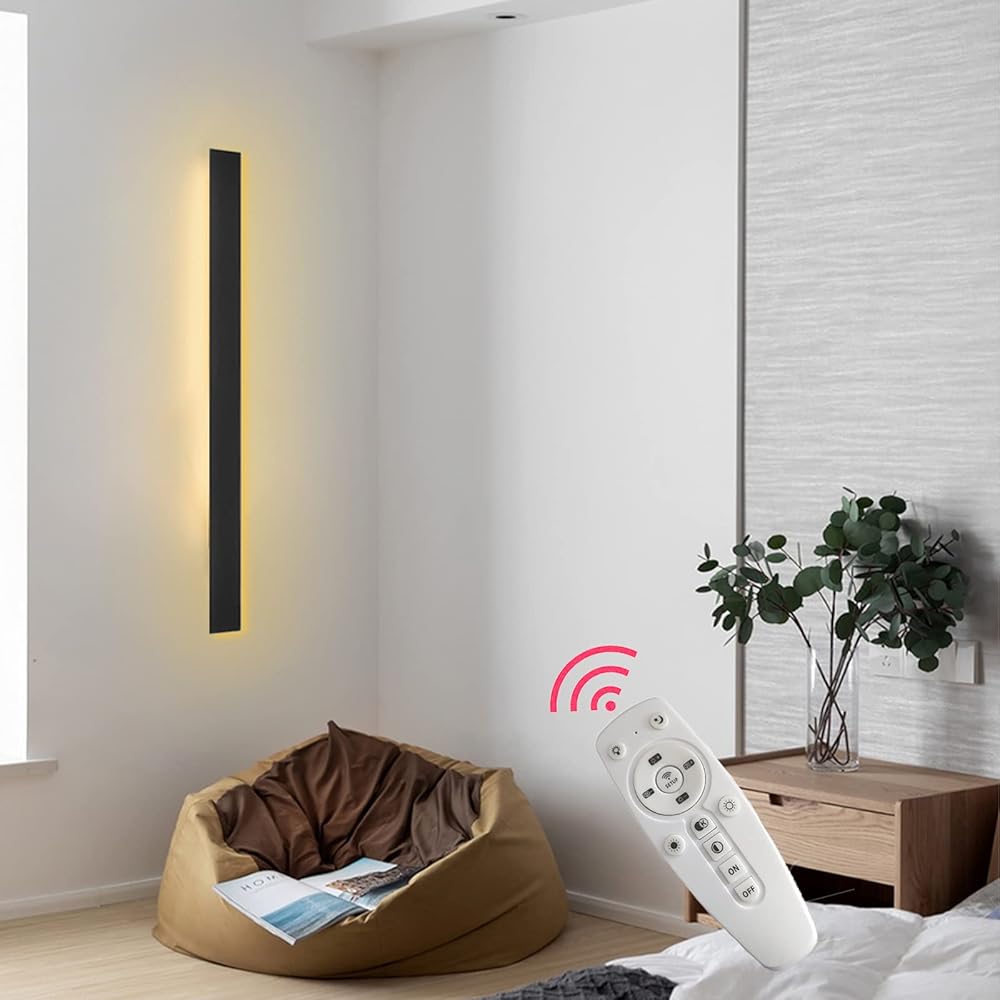 Black LED Dimmable Wall Light with Remote Control, Modern Indoor Wall Lamp Lights for Living Room Bedroom Hallway Stair Wall Lighting Fixture Up and Down Long Strips Wall Sconce Lights,100CM 78W