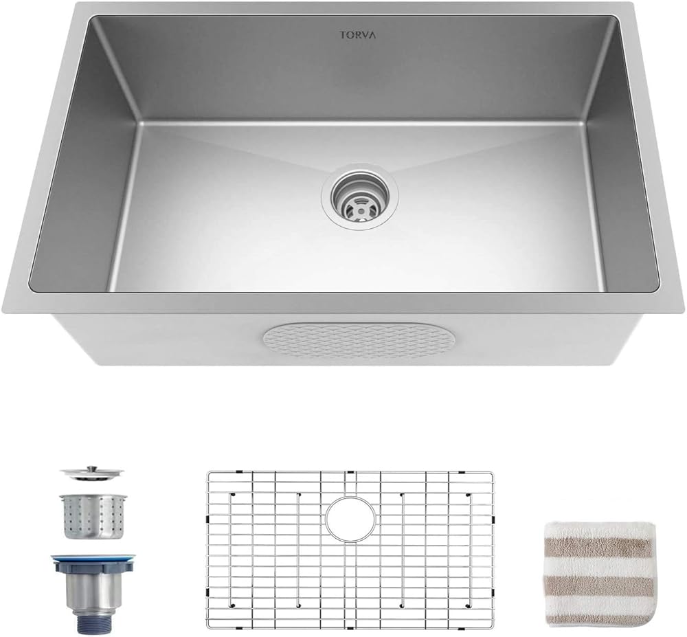 TORVA 32-Inch Undermount Kitchen Sink 16 Gauge Stainless Steel Single Bowl - 32 x 19 x 10 Inch Deep Basin