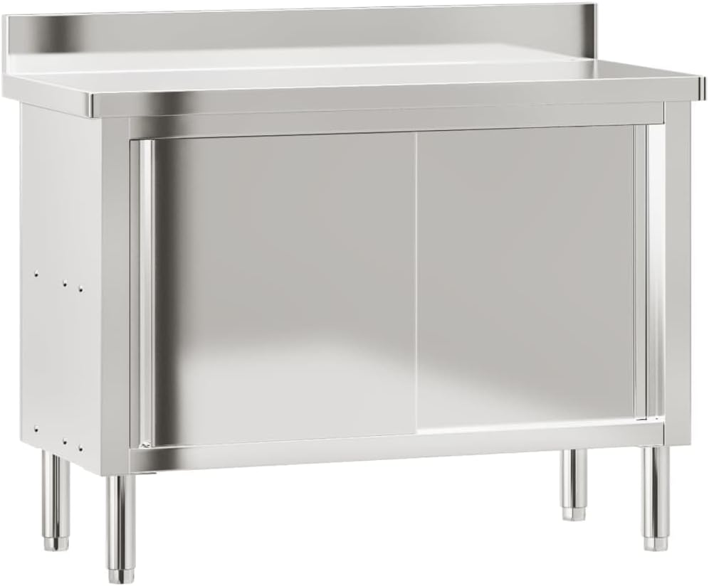 vidaXL Commercial Stainless Steel Kitchen Work Table with Sliding Doors – Silver, Adjustable Feet, Assembly Needed, for Restaurant & School