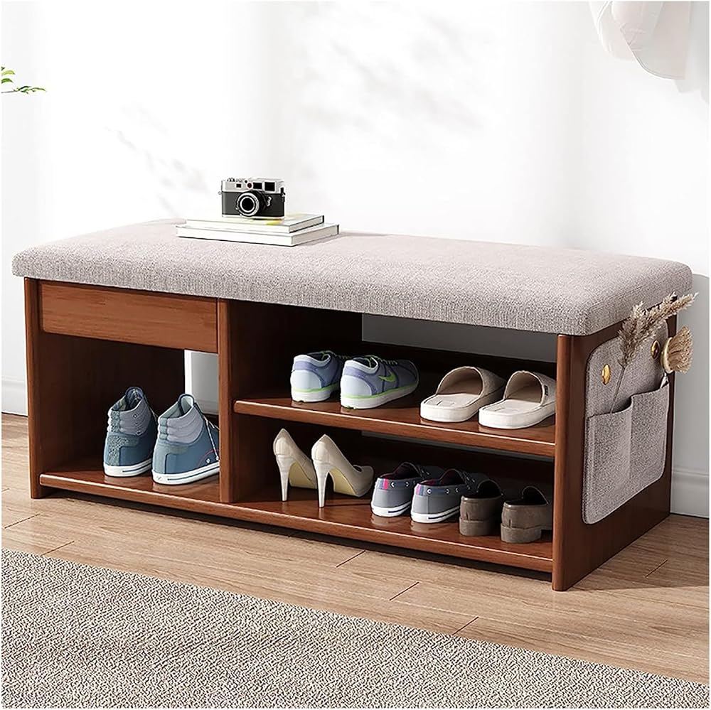 Shoe Storage Bench Entryway Hallway Furniture, 2 Tier Shoe Storage Bench with Cushion, Wooden Shoe Storage Cabinet with Drawers Seat and Bag, Shoe Rack Bench Bedroom Furniture(B,60CM)