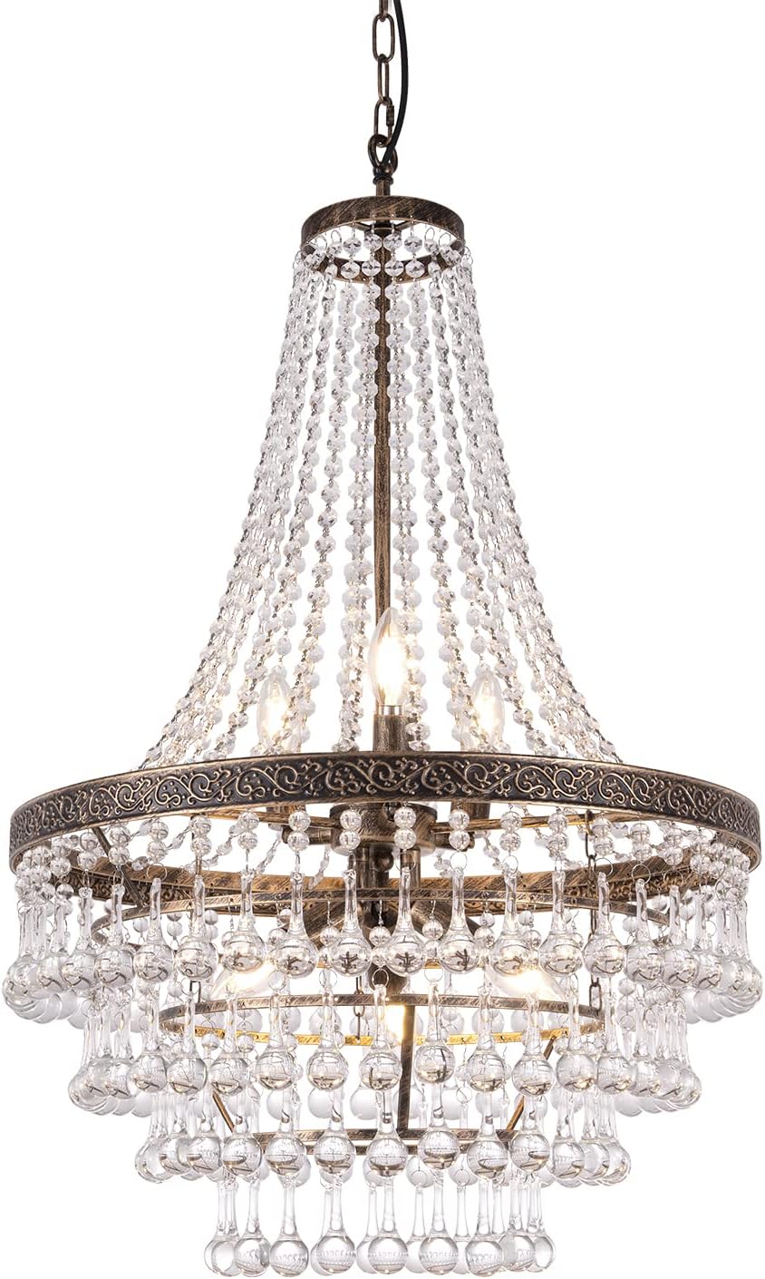 TOCHIC French Empire Crystal Chandelier Lighting Antique Bronze, 6-Light French Country Foyer Chandelier Pendant, Hanging Ceiling Lighting Fixture for Dining Room, 22