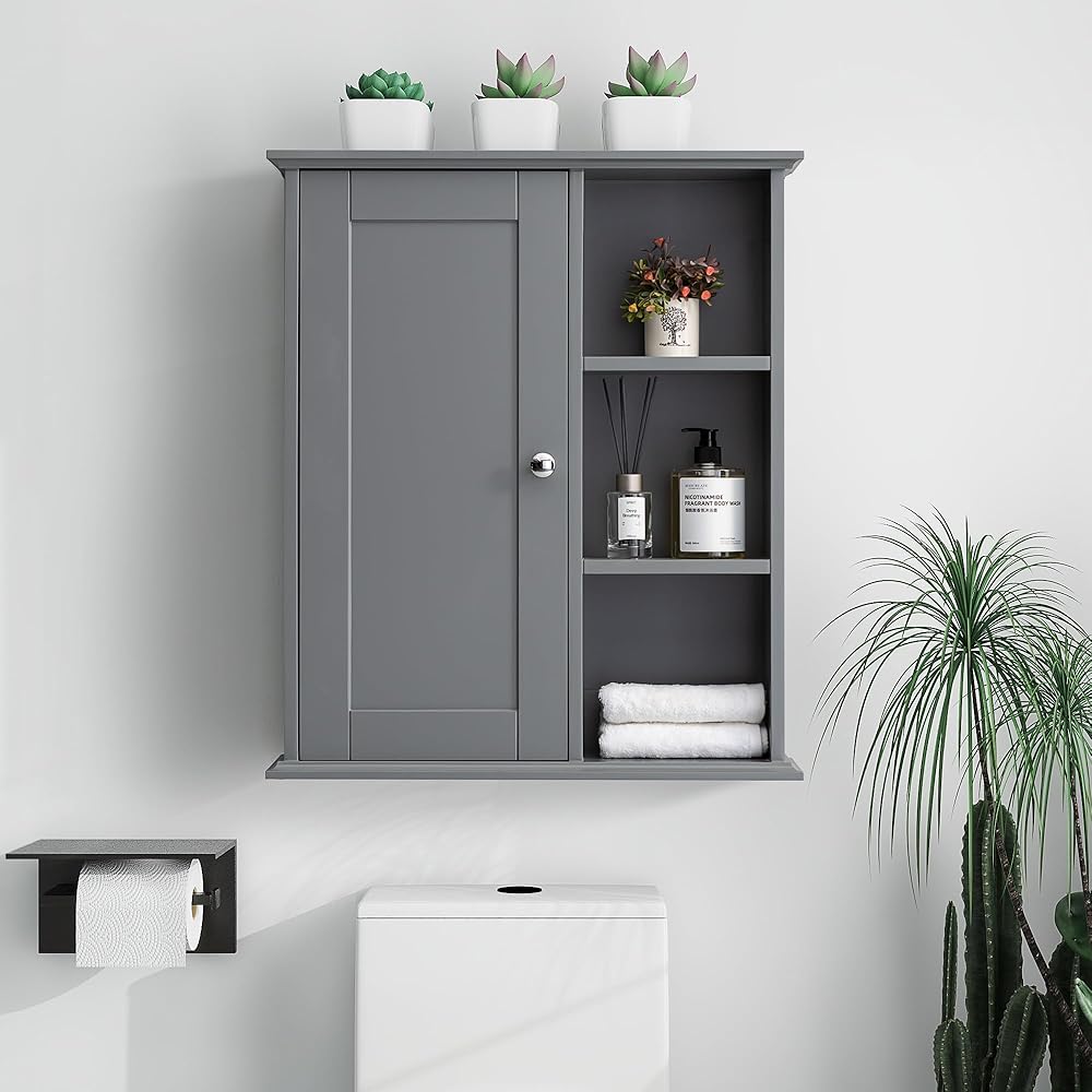 Bathroom Wall Cabinet Over The Toilet Cabinet Wall Mounted Storage Cabinet Wooden Medicine Cabinets for Bathroom Laundry Room Kitchen (Grey)