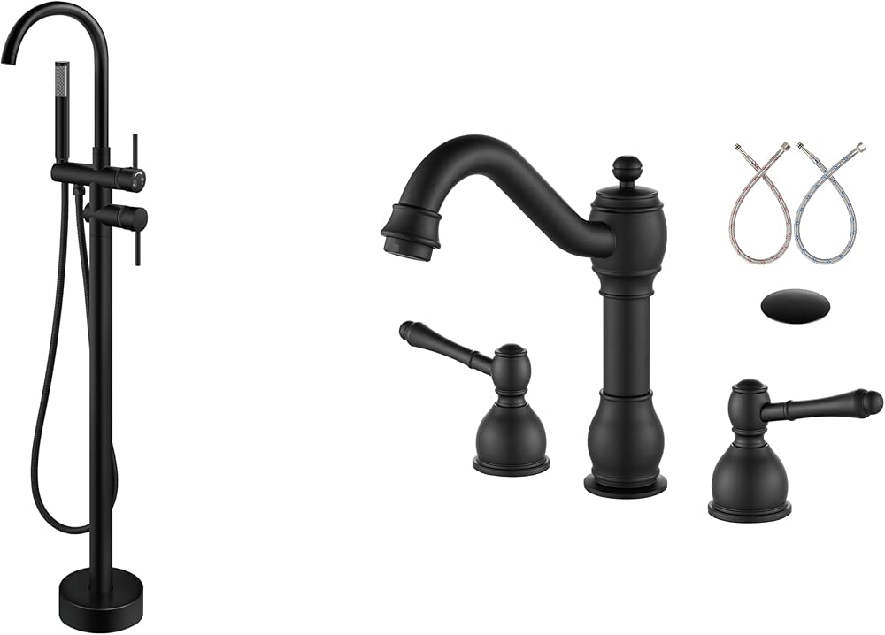Aolemi Floor Mount Bathtub Faucet Freestanding Tub Filler Matte Black 8 Inch 3 Holes Widespread Bathroom Sink Faucet Doubel Lever Handle