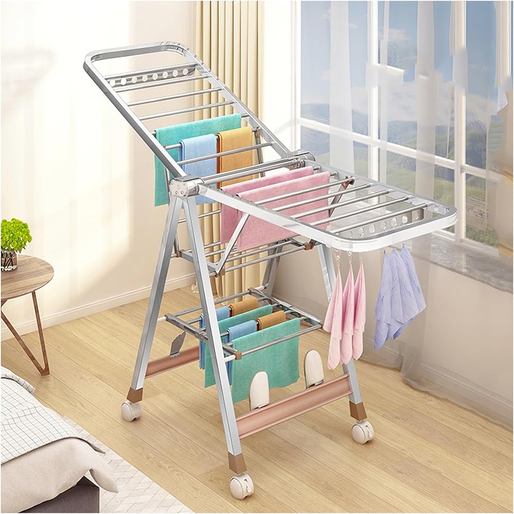 Clothes drying rack,Small apartment 3-Layer Stainless Steel laundry rack drying collapsible,Floor-standing folding indoor clothes rack,portable drying rack Washing Airer,With Height Adjustable Wings (