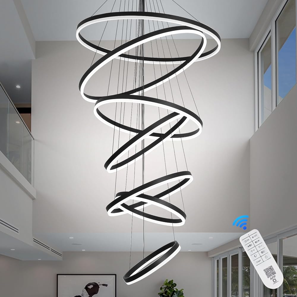XGZL·LIGHTING 7-Rings Modern LED Chandelier Black D31.5’’ Contemporary Foyer Chandeliers Entryway High Ceiling Chandelier, Large Chandeliers for High Ceilings for Living Room Entrance Staircase