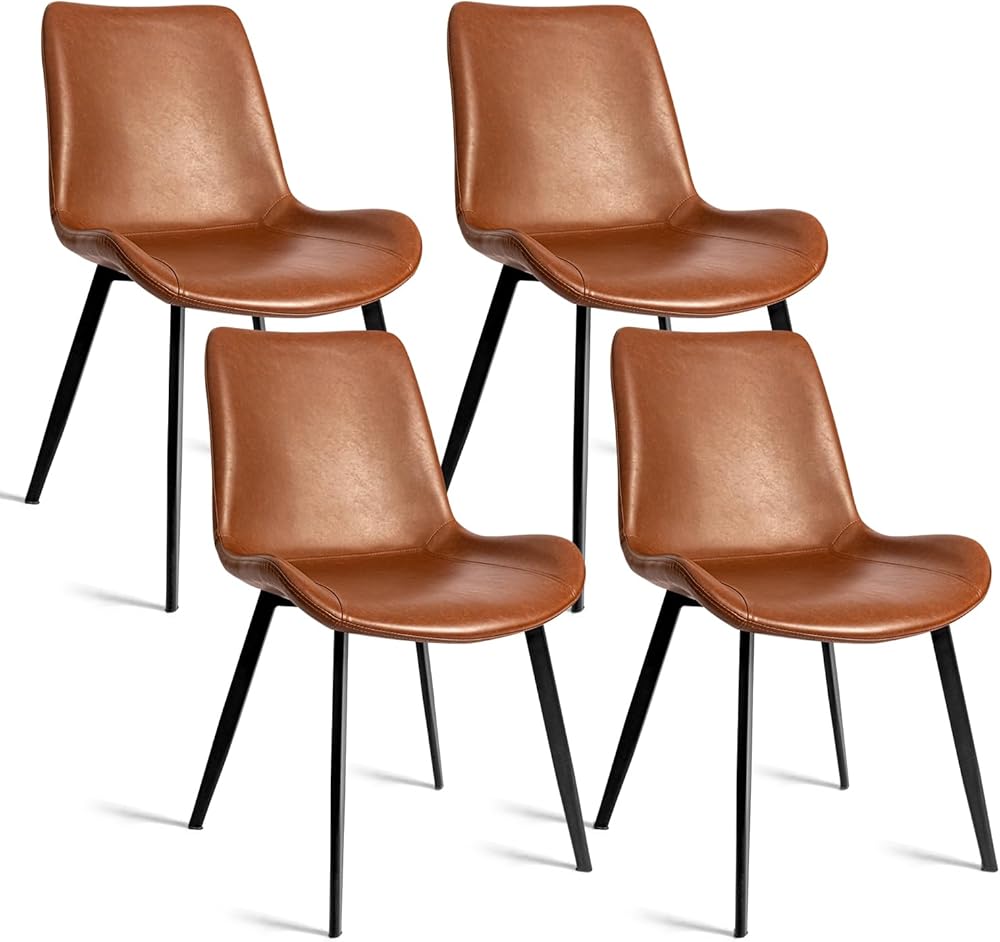CangLong Modern ‎Faux Leather Dining Chairs, PU Cushion Seat Back，Metal Legs for Kitchen Dining Room Side Chair, Set of 4, Brown