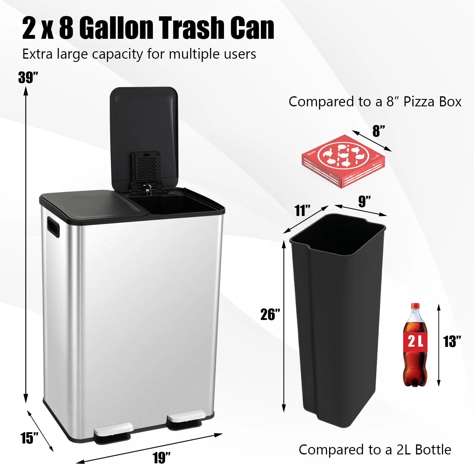 Goplus 16 Gallon/ (2x30L) Stainless Steel Trash Can, Kitchen Trash Bin