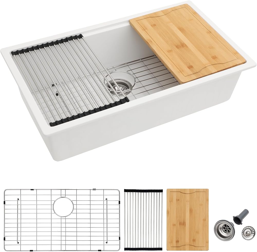 Dcolora White Kitchen Sink 32-Inch Undermount Granite Composite Workstation Single Bowl Quartz Kitchen Sink DC-GU7755, 32