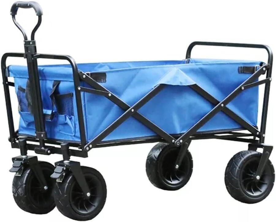 Handcart Portable Domestic Shopping Storage Trolleys Folding Garden Heavy Duty Trolley Wagon Outdoor Camping Picnic Trolley Cart Adjustable Retractable Push Pull Rod Easy to Carry Out/Blue/100*