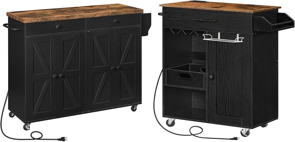 HOOBRO 43.3 Inch Kitchen Island and Kitchen Island with Power Outlet Bundle, Rolling Kitchen Island with Storage, Kitchen Island Cart with Spice Rack and Hooks BF11UZD01-BF90UZD01