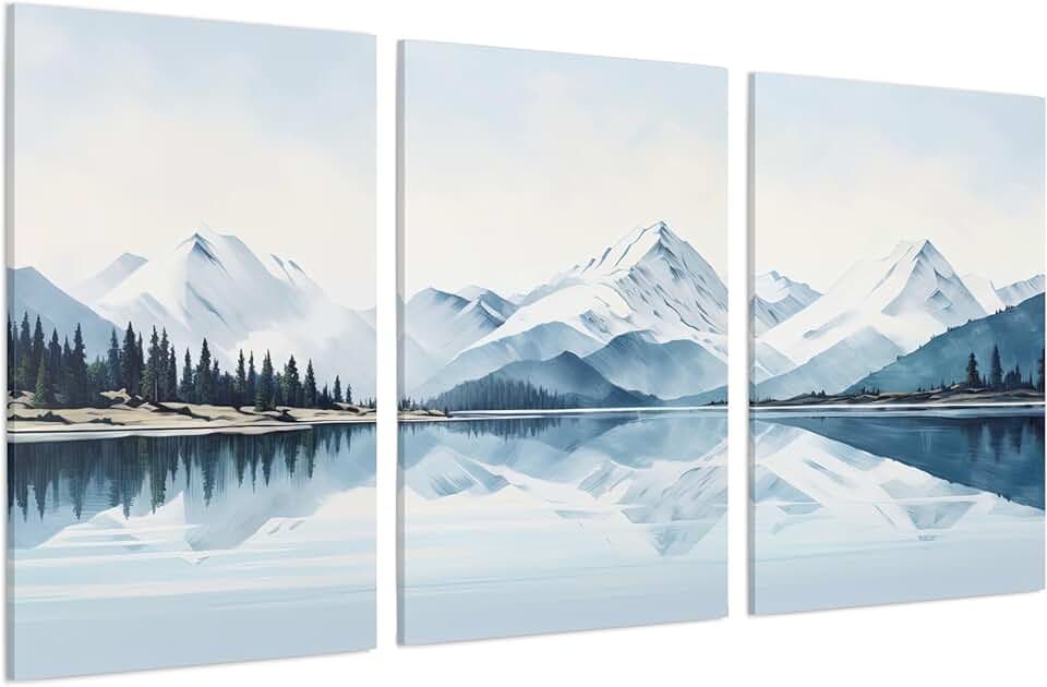 Peaceful Mountain Lake Reflections Wall Decor | 3 Piece Canvas Wall Art Set | Soothing Blue Earth Tones Wall Art | Nature Inspired Decor Set of 3: 20x30