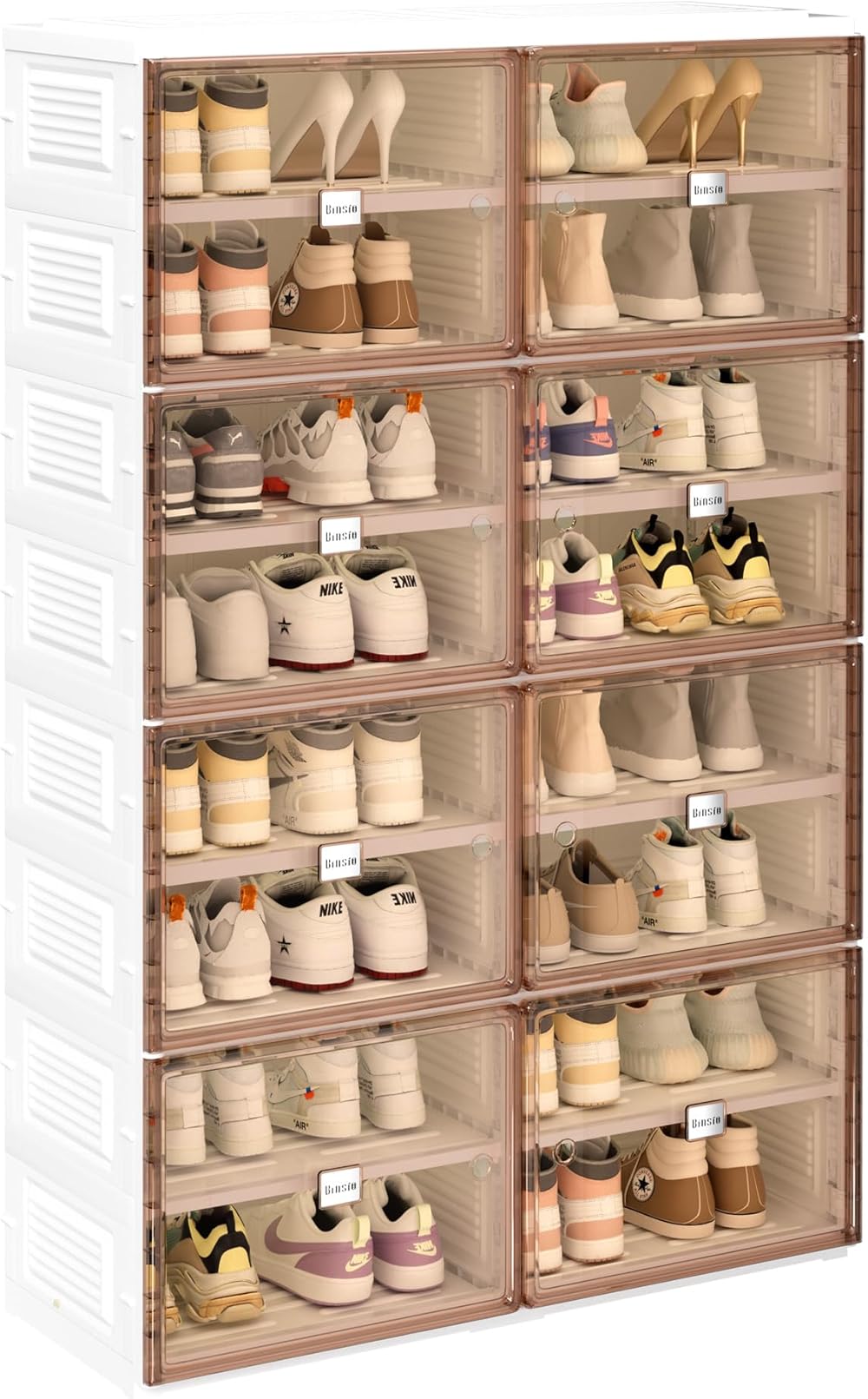 BINSIO Collapsible Shoe Rack Closet Organizers and Storage, Stackable Sneaker Storage, Portable Folding Shoe Cabinet, Large Plastic Storage Containers Bins with Magnetic Clear Doors 8 Tiers 32 Pairs