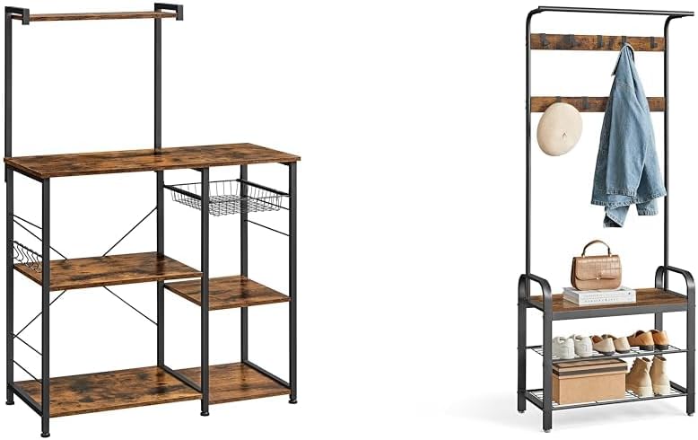 Baker's Rack, Microwave Stand with Wire Basket, 6 Hooks, and Shelves, for Spices, Pots & Coat Rack, Hall Tree with Shoe Bench for Entryway, Entryway Bench with Coat Rack, 4-in-1